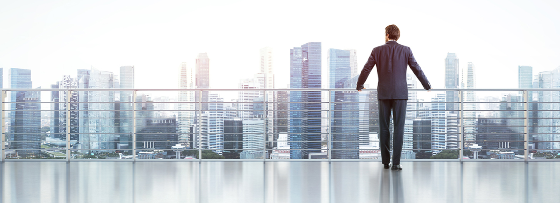 Business man looking down on city skyline